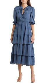 Melloday Women's Medium Elegant Blue Tiered Midi Dress Photo 0