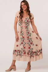 Angie Boho Floral Puff Sleeve Prairie Maxi Dress Cottagecore Cream Pink Medium Photo 0