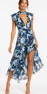 Bebe Floral Open-Back High-Low Midi Dress Blue Multi Women's Size XXS Photo 0