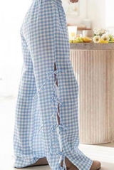 Rosa Clothing Y2K Blue Gingham Bow Tie Side Slit Wide Leg Pants New Large Photo 0