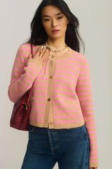 NVLT Anthropologie Striped Cardigan Sweater Lady Jacket Pink Tan Large Preppy Photo 0