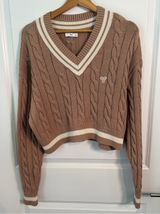 TNA Taupe Cable Knit V-Neck Sweater with Cream Trim Cropped Photo 0