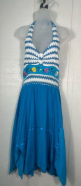 Blue and White Crochet Bodice Halter Top Sundress No Size EUC Photo 0