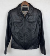 GUESS 100% Leather Jacket Womens Medium Black Zip Front Moto Biker Y2K Aesthetic Photo 0