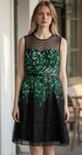 black and green floral cocktail dress sheer polka-dot mesh neckline thin belt 12 Photo 0