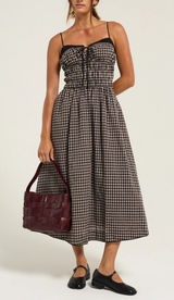 NIA Black Tan Gingham Smocked Midi Thomas Dress Lace Trim Pockets Womens Medium Photo 0