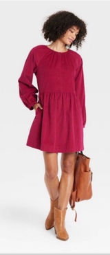 Universal Thread Burgundy Long-Sleeve Babydoll Mini Dress Photo 0