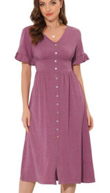 Allegra K V Neck Button Front Ruffle‎ Sleeve Midi Dress Fuchsia XL Photo 0