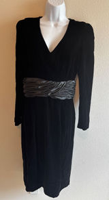 Maggy Boutique Velvet Cocktail Dress 10 Black Silver Ruched Waist Vintage 80s‎ Photo 0