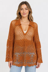 Cato Crochet Tunic Top L Rust Orange Cotton Open Knit Boho Vacation Festival Photo 0