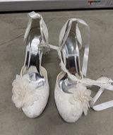 White Lace Floral Bridal Heels Ribbon Tie Ankle Strap Wedding Pumps Size 42 Photo 0