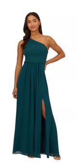 Adrianna Papell One Shoulder Chiffon Long Gown Hunter Size 8 Formal Wedding Photo 0