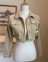 Cropped Corduroy Jacket Tan Beige Rhinestone Y2K Vintage Style Trucker XS NWT Photo 0