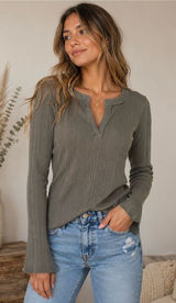 Anthropologie Maeve Green Ribbed Notch Neck Long Sleeve Henley Photo 0