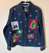 Vintage NorthCrest Blue Denim Christmas Patchwork Jacket Snowman Holiday‎ Large Photo 0