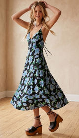 Free People Finer Things Printed Halter Midi Dress Black Combo Large Tropical Photo 0