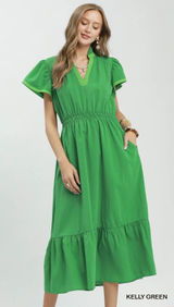 Umgee Contrast Trim‎ Midi Dress with Tiered Ruffle Hem - Kelly Green - Medium Photo 0
