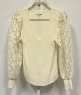 Entro Cream Ribbed V-Neck Sweater‎ Floral Lace Balloon Sleeve Top T19885 Large Photo 0