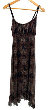 Cosmic Aura Womens XS Brown Celestial Sun Moon Skull Mesh Midi Dress Grunge Photo 0