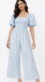 Blue Floral Puff-Sleeve Jumpsuit Photo 0