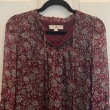 Loft Womens Burgundy Floral Clip Dot Ruffle Sleeve Tie Neck Blouse Size M Photo 0