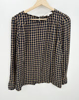 Loft Blue Gold Shimmer Plaid Pleated Blouse Boho Peasant Rayon Women Large Photo 0