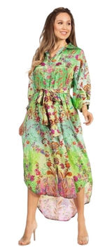Sakkas Fits a Large‎ Floral Paisley High-Low Shirt Dress Green Boho OS1650 Photo 0