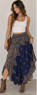 Boho Indie Sleeze Navy Blue Paisley Smocked Waist Handkerchief Hem Skirt L/XL Photo 0