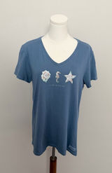 Life Is Good Tee Shirt Top Graphic Seahorse Seashells Starfish Beach Travel Blue Photo 0