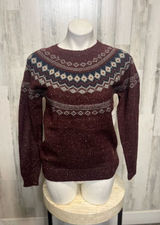 Leslie Rose Fair Isle Nordic Crewneck Knit Sweater Womens Small Burgundy Maroon Photo 0