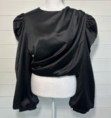 Anthropologie Mare Mare Satin Puff-Sleeve Top Black Draped Puff-Sleeve Blouse Photo 0