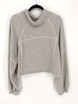 Aerie Women Large Grey Cowl Neck Cropped Sweatshirt Pullover Exposed Seam Fleece Photo 0