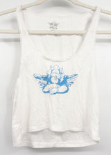 Boys Lie Womens White Blue Cherub Graphic Ribbed Lace Trim Crop Tank Top Size L Photo 0