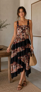 Anthropologie Midi Dress Womens XS Square Neck Tapestry Tiered Ruffle Photo 0