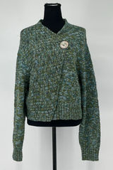 ONE GIRL WHO Sweater Women's M/L‎ Green Blue Flecked Ribbed One Button Cardigan Photo 0