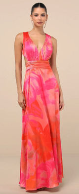 Lulus Dedra Pink and Orange Abstract Pleated Maxi Dress Formal Satin Large NWT Photo 0