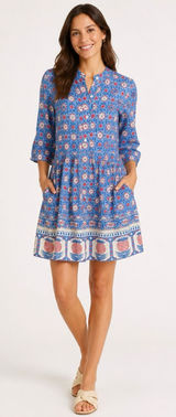 Tuckernuck Blue Floral Block Print Cotton Mini Dress XS Boho Preppy Cottagecore Photo 0