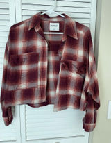Abercrombie & Fitch Burgundy& Cream Plaid Crop Button Down Shirt Photo 0