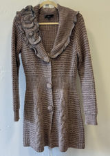 Sioni Taupe Ruffle Long Cardigan Sweater Mauve Knit Medium 90s Knee Length‎ Photo 0