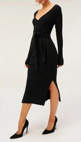 NWT Good American Long Sleeve Belted Bodycon Midi Sweater Dress Black 1/2 Photo 0