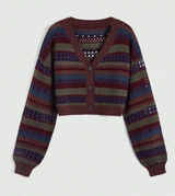 Retro multi-colored striped openwork knit cardigan Photo 0