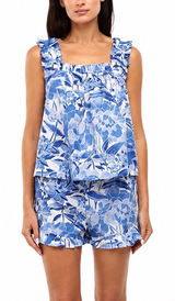 GAP 2 Pc Pajama Set Sz Medium Blue Floral 100% Cotton Ruffle Sleep Shorts Lounge Photo 0