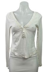Free People Women's White Long Sleeve V Neck Rib Knit Henley T Shirt Tee Top S Photo 0