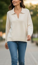 Quince Ivory 100% Mongolian Cashmere Polo V-Neck Sweater Women Large NWT Preppy Photo 0