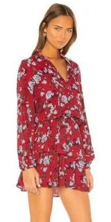Yumi Kim Red Floral Ruffle Tiered Mini Dress Long Sleeve Smocked Waist Size‎ S Photo 0