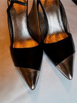 Adrianna Papell Black Leather Slingback Heels with Silver Pointed Cap Photo 0