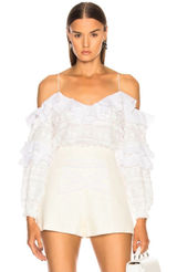 Alexis Damini White Off Shoulder Ruffle Long-Sleeve Fringe Blouse Shirt Top Photo 0