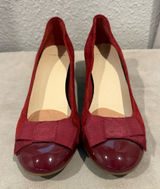 Cole Haan Burgundy Suede Patent Leather Bow Round Toe Wedge Loafers Size 7B‎ Photo 0