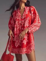 Farm Rio Linen Mini Dress Flora Tapestry Anthropologie Bracelet Long Sleeve Pink Photo 0