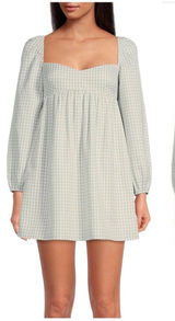 GIANNI BINI Green Gingham Mini‎ Peasant Dress Long Sleeves Low Cut Size 8 New Photo 0